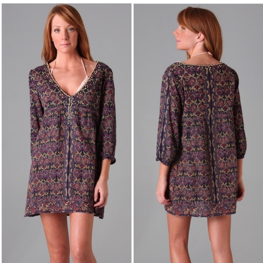 JOIE a la playa Collie cover up XS Bohemian Print mini Wooden bead tunic Top